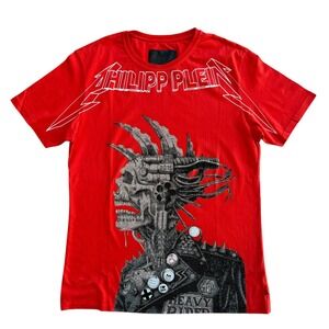 Philipp Plein Mens Red XXXL Graphic Skull Rhinestone S S Tour 2016 T Shirt